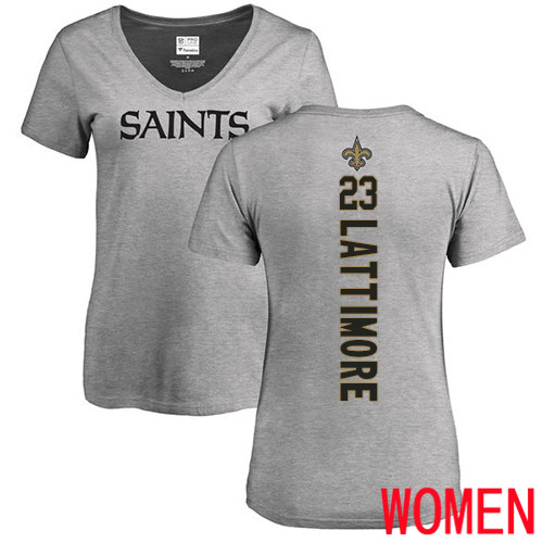 New Orleans Saints Ash Women Marshon Lattimore Backer V Neck NFL Football #23 T Shirt->nfl t-shirts->Sports Accessory